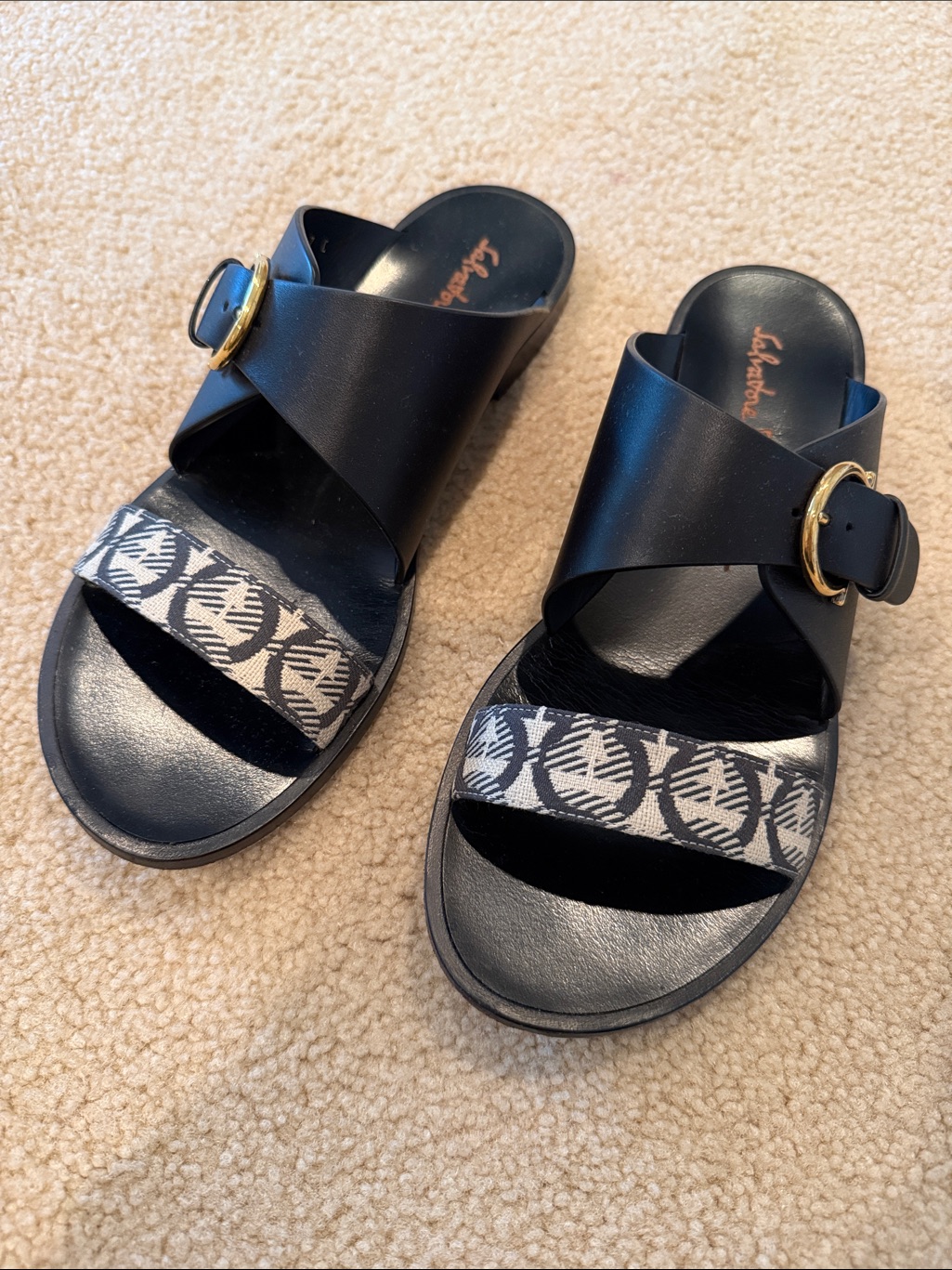 Salvatore Ferragamo Black Leather Slide Sandals With Patterned Toe Strap